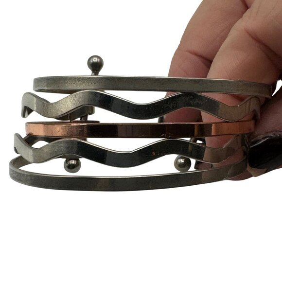Silver Copper Cuff Bracelet Mixed Metal Open Band Wavy Design Adjustable - Picture 6 of 7